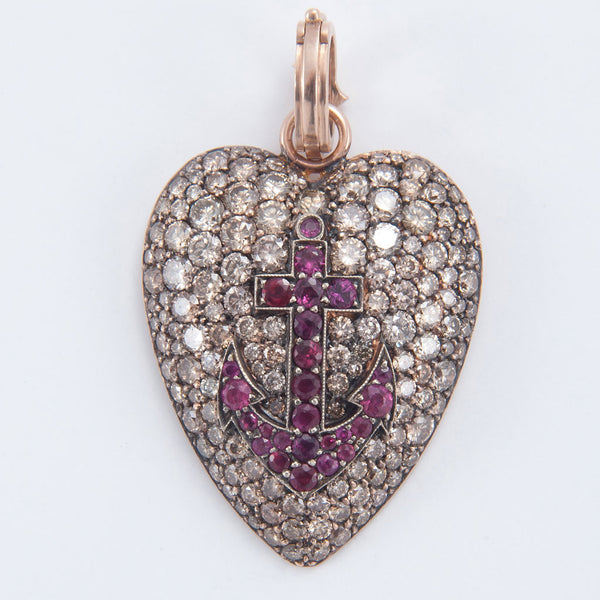 Champagne Diamond Heart Pendant with Ruby Anchor